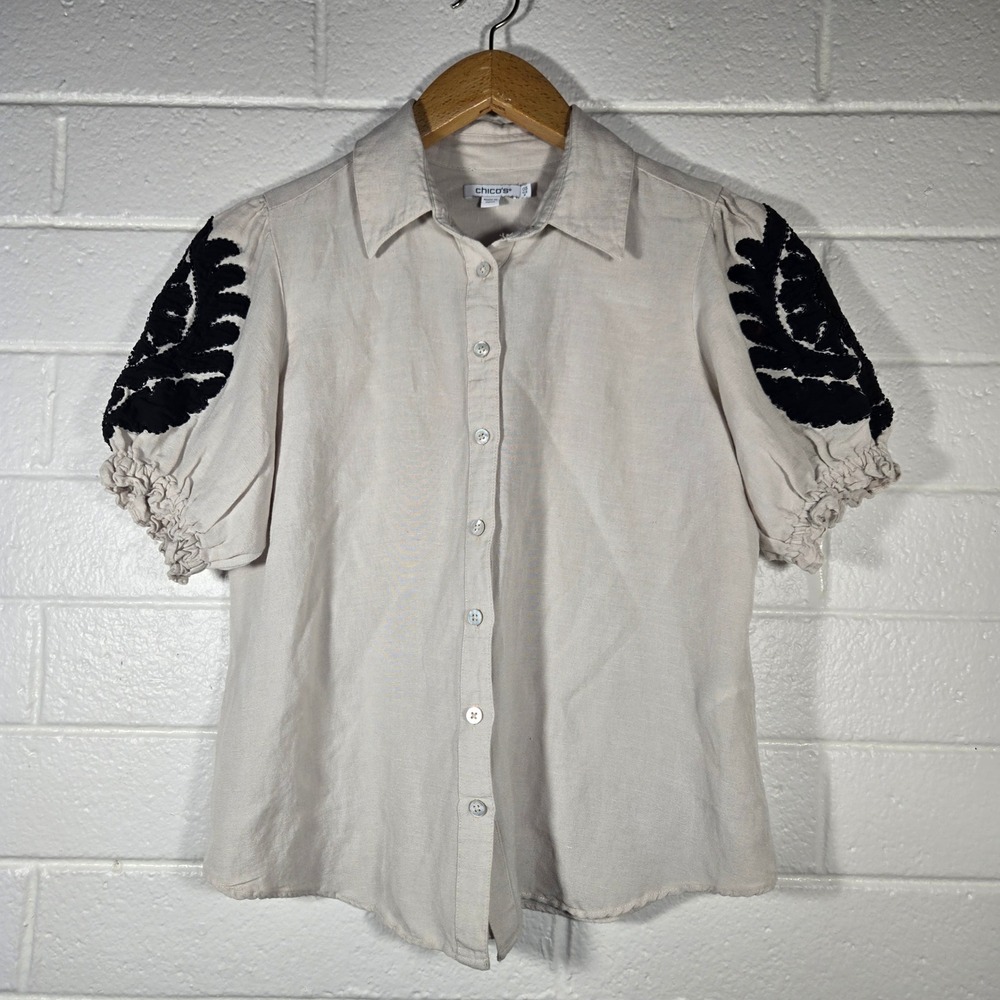 Chico's Linen Blend Beaded Shell Button Blouse 0.5 Small Neutral Embroidered